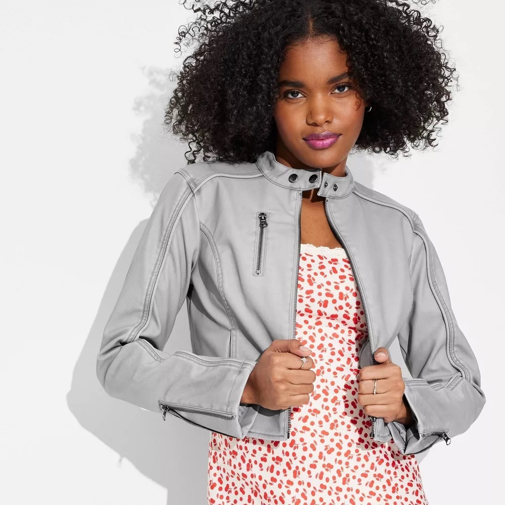 Women's Faux Leather Fitted Moto Jacket - Wild Fable size S